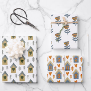 Houses, Hearts and Flowers Wrapping Paper Sheet
