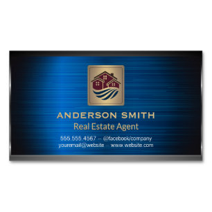 Houses Icon   Blue Metallic Background Magnetic Business Card