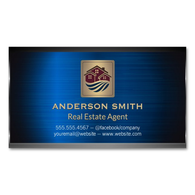 Houses Icon | Blue Metallic Background Magnetic Business Card (Front)