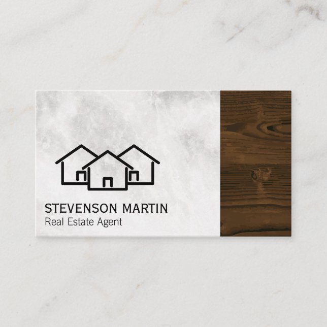 Houses Icon | Marble | Wood Grain Trim Business Card (Front)