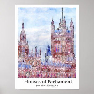 Houses of Parliament London Travel Watercolor Poster