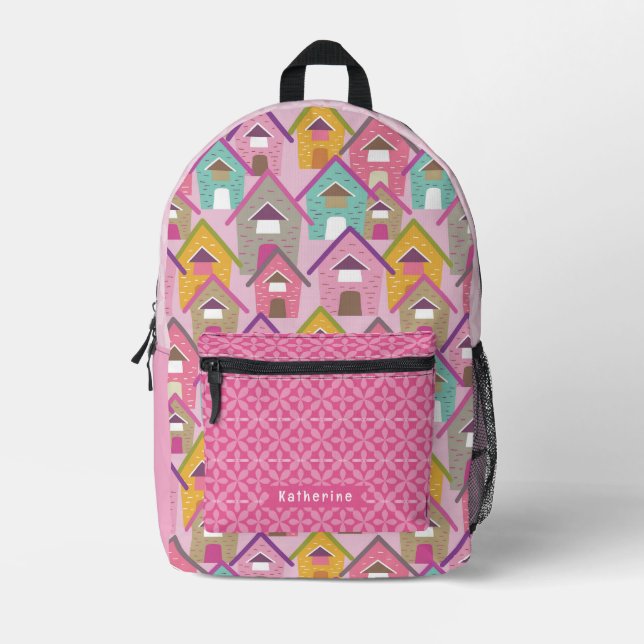 Houses Pink Printed Backpack (Front)