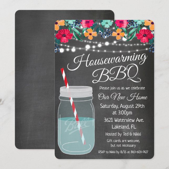 Housewarming BBQ Mason Jar Invitation (Front/Back)
