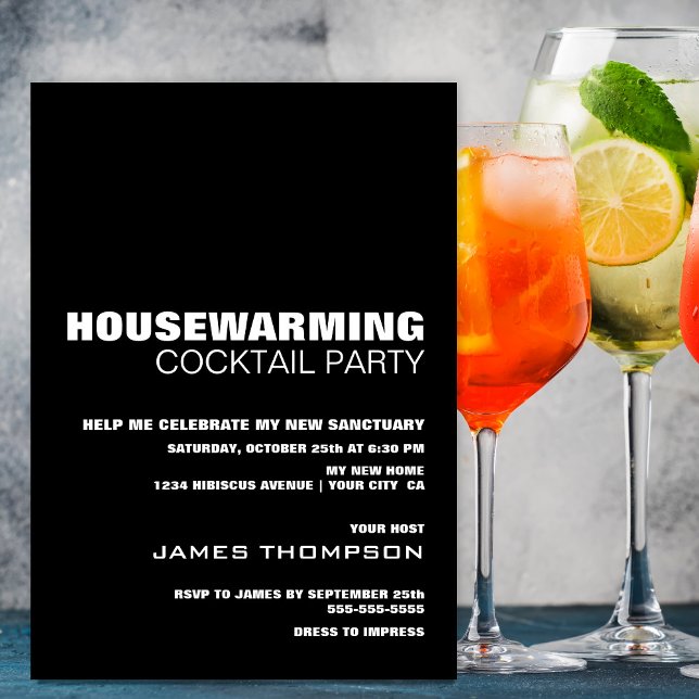 Housewarming Cocktail Party Modern Black White Invitation (Creator Uploaded)