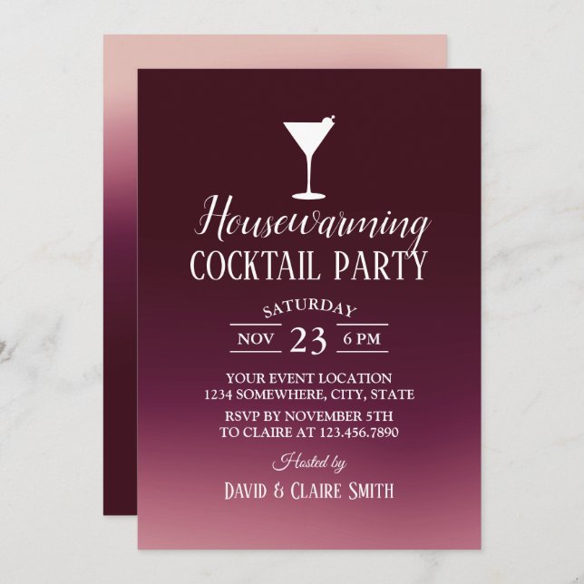 Housewarming Cocktail Party Modern Burgundy Ombre Invitation (Front/Back)