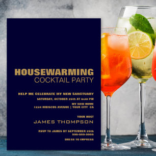 Housewarming Cocktail Party Modern Navy Blue Gold Invitation
