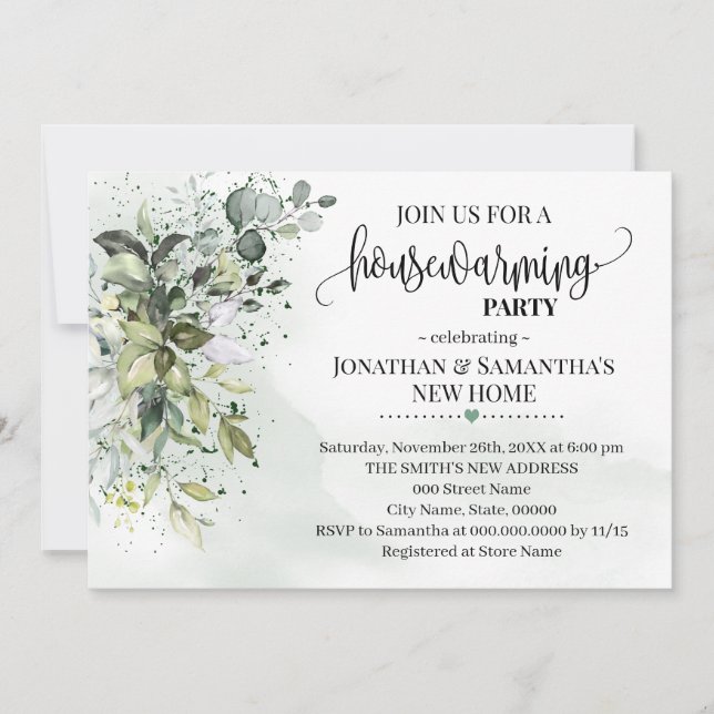 Housewarming Eucalyptus Greenery Dust watercolor Invitation (Front)