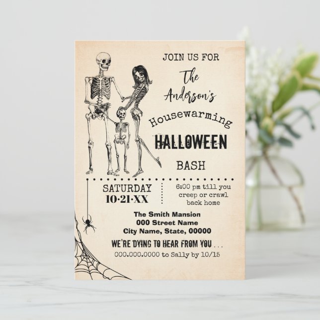 Housewarming Family Halloween Party Skeletons Invitation (Standing Front)