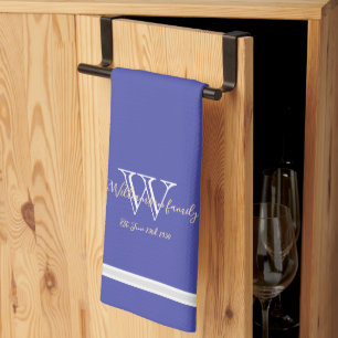 Housewarming Gift Monogram Family Name Chic Blue Tea Towel