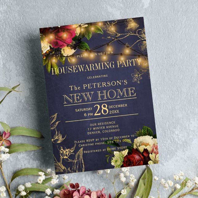 Housewarming gold lights winter floral navy invitation (Creator Uploaded)