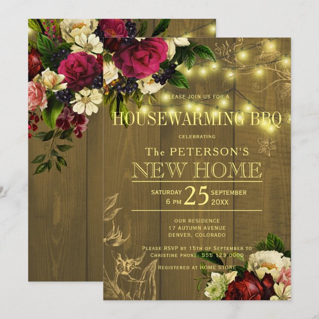 Housewarming gold lights wood floral fall bbq invitation (Front/Back)