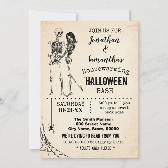 Housewarming Halloween party bash skeleton couple Invitation (Front)