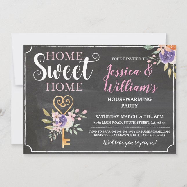 Housewarming Home Sweet Home Key Flowers Chalk Invitation (Front)