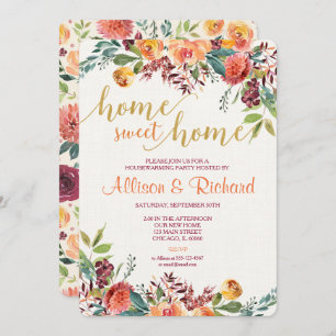 Housewarming invitation, fall rustic floral invite
