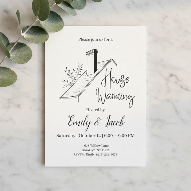 Housewarming Invitation • New Home Party Invite (Minimal housewarming invitation with rooftop illustration on marble background and greenery)