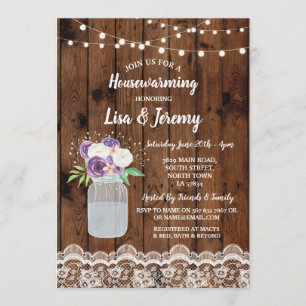 Housewarming Invite Rustic Wood Lace Floral Jar