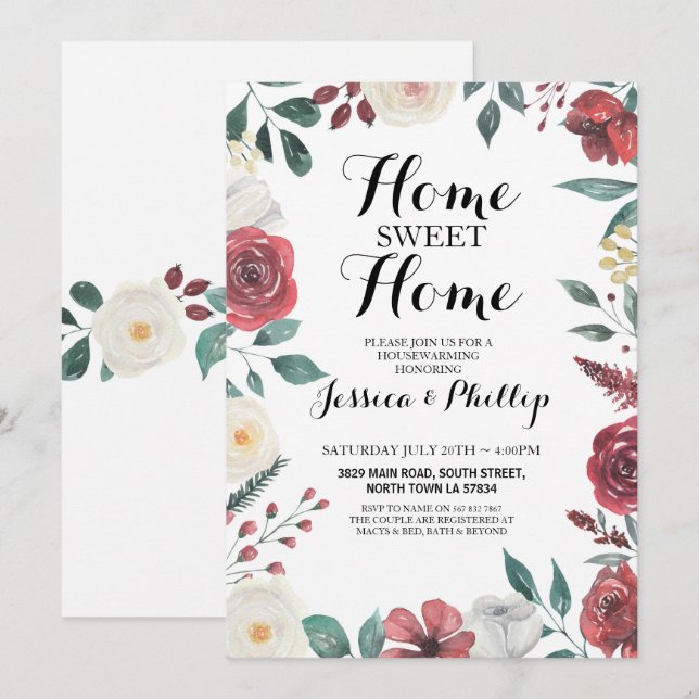 Housewarming New Home House Red Floral Foliage Invitation (Front/Back)