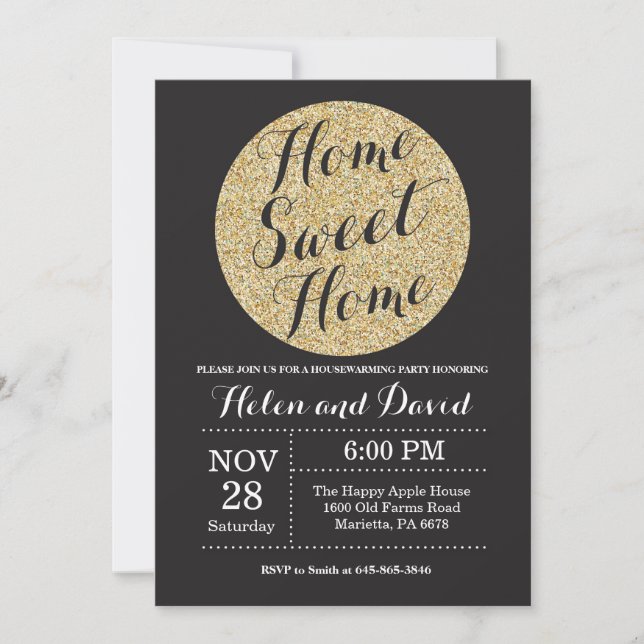 Housewarming Party Black Gold Glitter Invitation (Front)