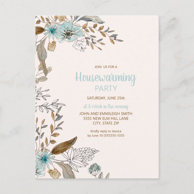 Housewarming Party Blue Brown Floral Leaves Boho Postcard (Front)