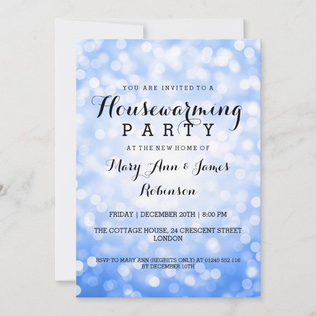 Housewarming Party Blue Glitter Lights Invitation (Front)