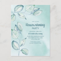 Housewarming Party Blue Green Watercolor Leaves