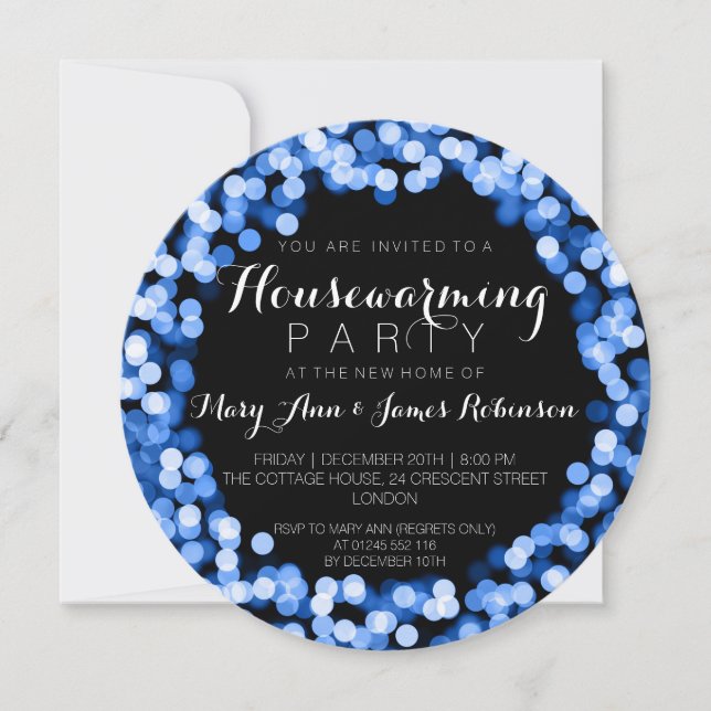 Housewarming Party Blue Sparkly Lights Invitation (Front)