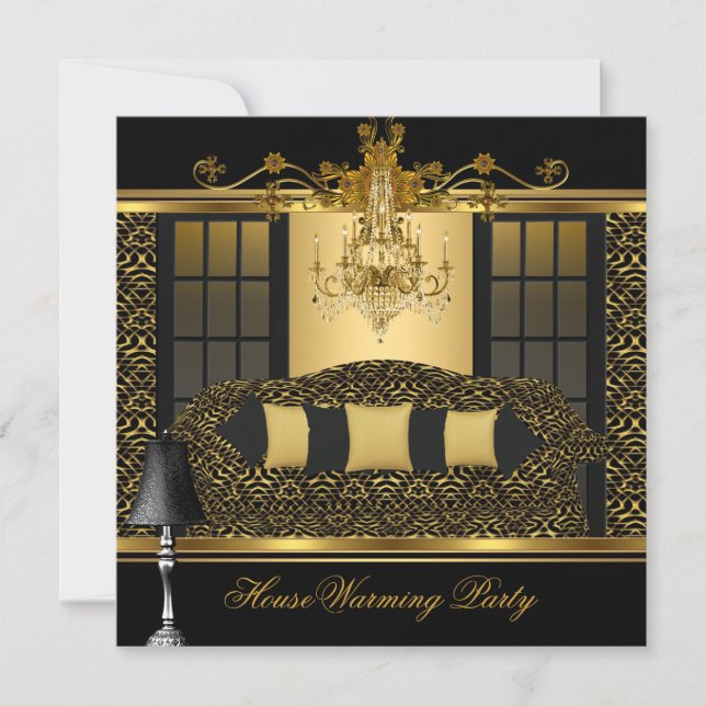 Housewarming Party Chandelier Damask Gold Black Invitation (Front)