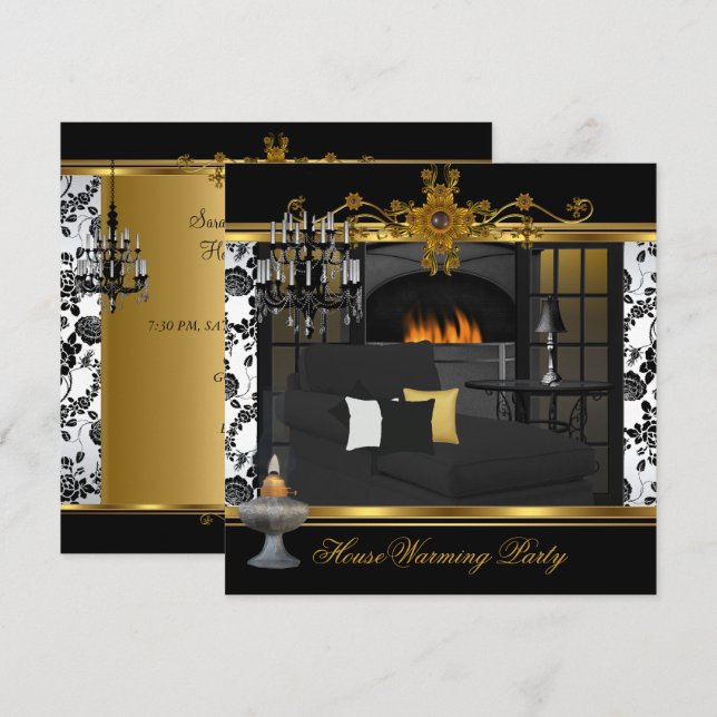 Housewarming Party Chandelier Damask White Gold Invitation (Front/Back)