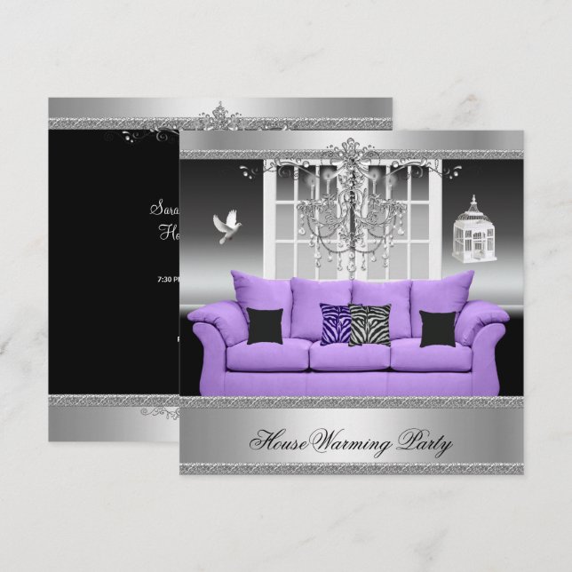 HouseWarming Party Chandelier Purple Silver White Invitation (Front/Back)