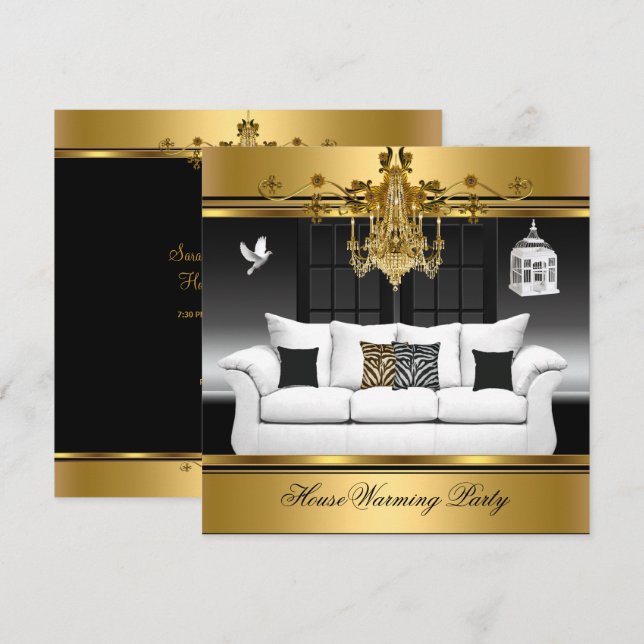 HouseWarming Party Chandelier Rich Gold Black Invitation (Front/Back)