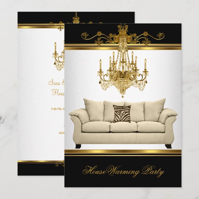HouseWarming Party Chandelier Rich Gold Black Invitation (Front/Back)
