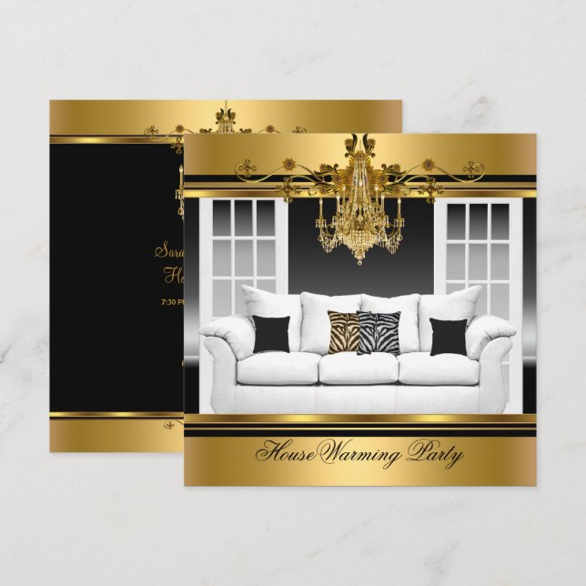 HouseWarming Party Chandelier Rich Gold Black Invitation (Front/Back)