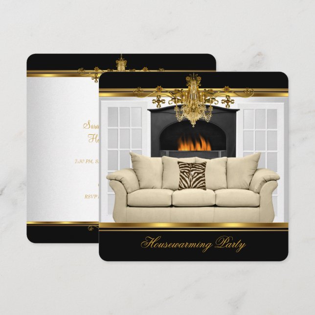 Housewarming Party Chandelier Rich Gold Black Invitation (Front/Back)