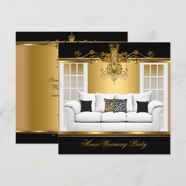 HouseWarming Party Chandelier Rich Gold Black Invitation (Front/Back)