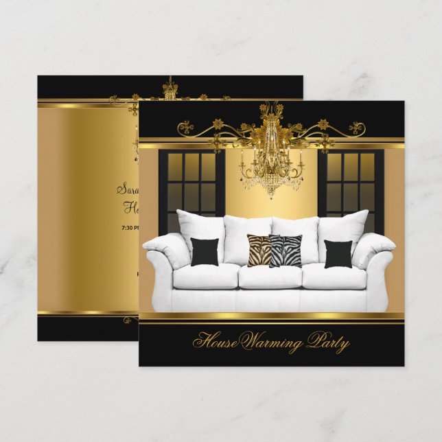 HouseWarming Party Chandelier Rich Gold Black Invitation (Front/Back)