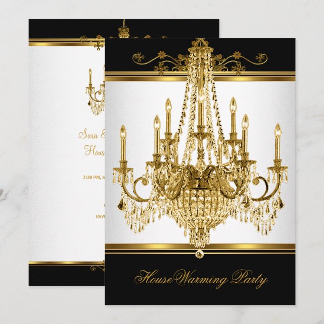 HouseWarming Party Chandelier Rich Gold Black Invitation (Front/Back)