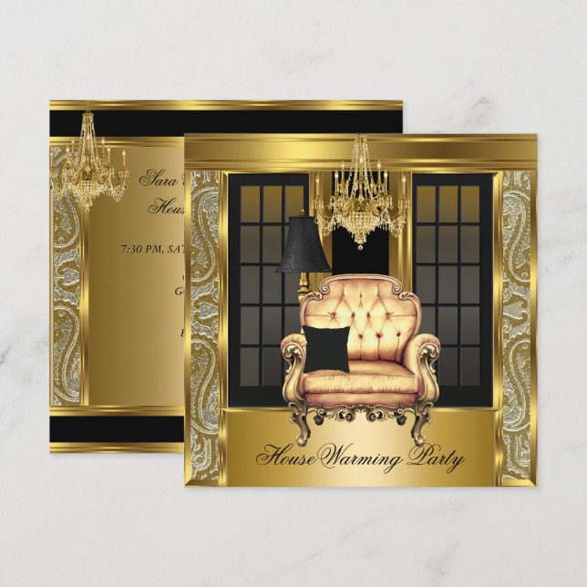 Housewarming Party Damask Chandelier Gold Chair Invitation (Front/Back)