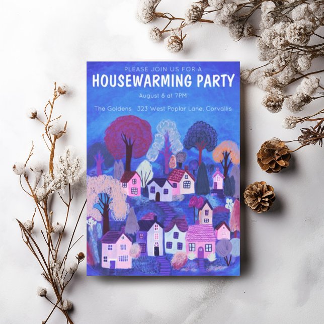 Housewarming Party Drawing Cute Country Village Invitation (Colorful village illustration for a cute custom housewarming party invitation. Via mail or digitally)