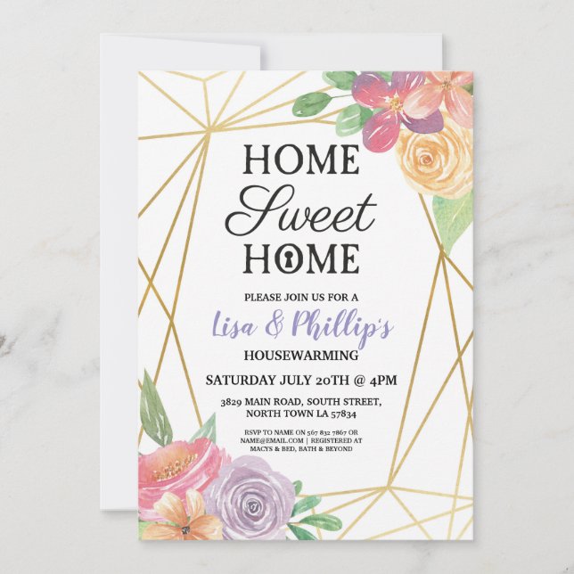 Housewarming Party Gold Frame Summer Floral Invite (Front)