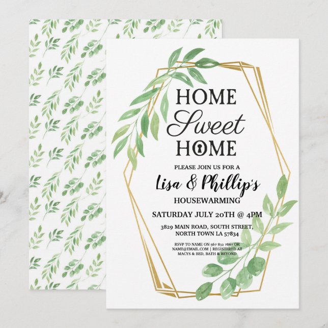 Housewarming Party Gold Frame Summer Leaves Invite (Front/Back)