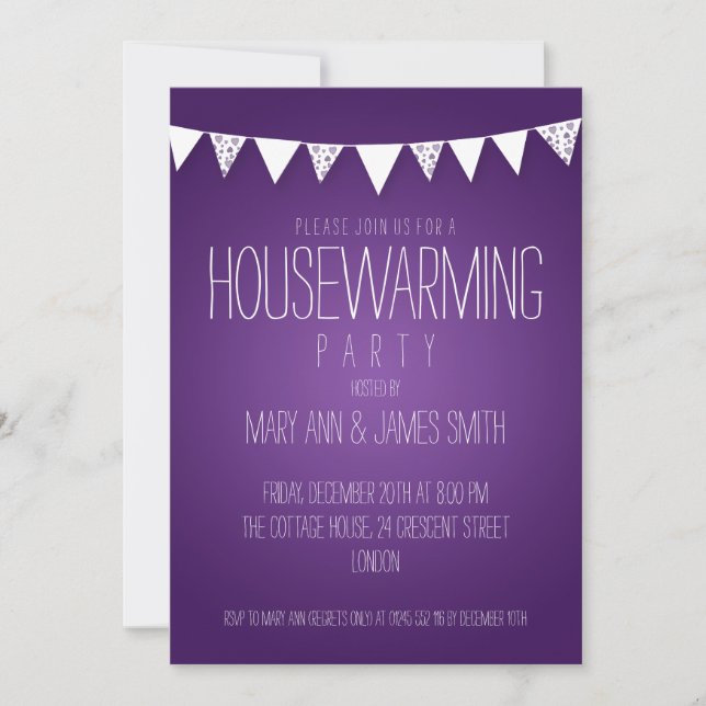 Housewarming Party Hearts Bunting Purple Invitation (Front)
