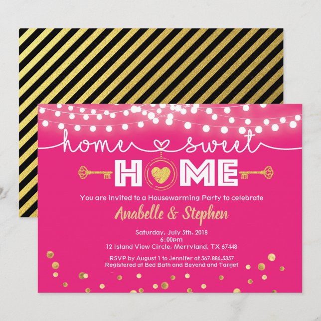 Housewarming party invitation Hot pink and gold (Front/Back)