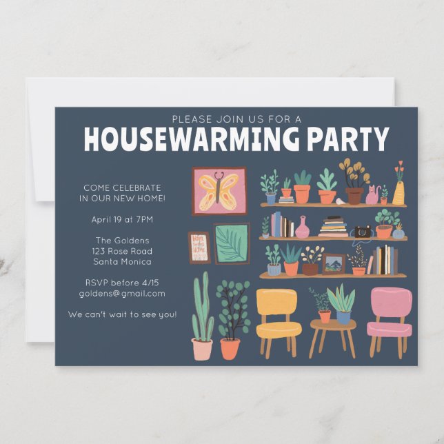 Housewarming Party Invite Cute Living Room Shelves (Front)