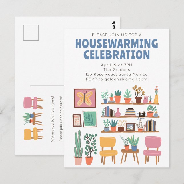 Housewarming Party Invite Cute Living Room Shelves Postcard (Front/Back)