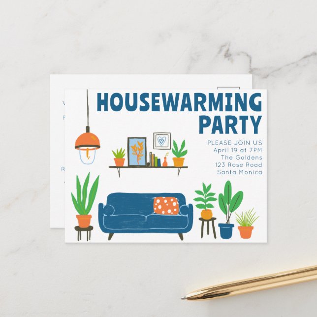 Housewarming Party Invite Cute Living Room Sofa  Postcard (Front/Back In Situ)