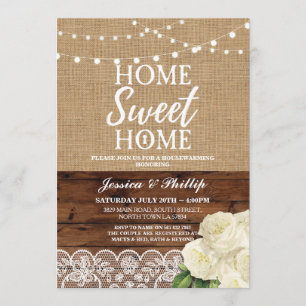 Housewarming Party Rustic Home Rose Burlap Wood Invitation