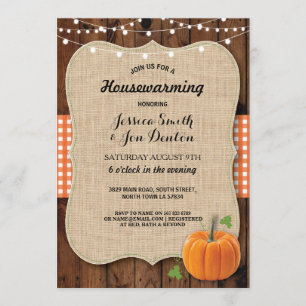 Housewarming Party Rustic Wood Pumpkin Burlap Invitation