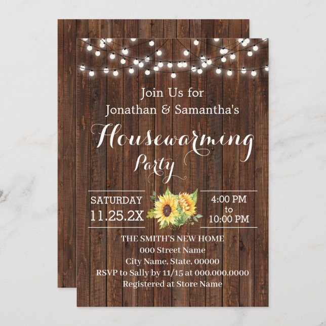 Housewarming Party Rustic Wooden Sunflowers Invitation (Front/Back)