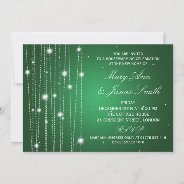Housewarming Party Sparkling Lines Green Invitation (Front)