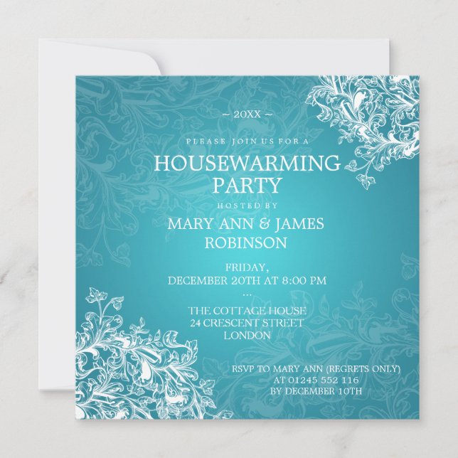 Housewarming Party Vintage Scroll Turquoise Invitation (Front)